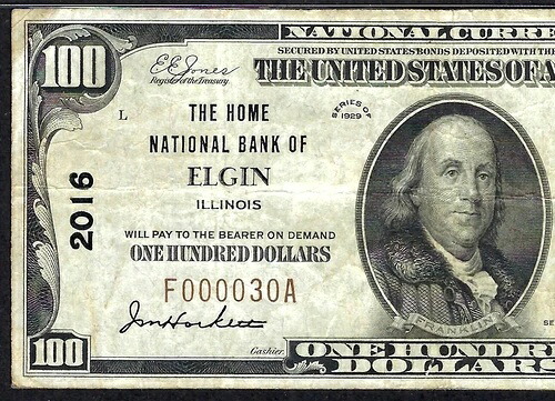 ????IL 1929 $100 LOW S/N:000030 ??イリノイ州エルジン?? THE HOME NB PMG VERY FINE 30