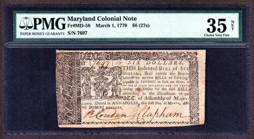 6米ドル（27セント）メリーランド植民地通貨 1770年3月1日 FR MD58 PMG VF 35 ネット（-967）