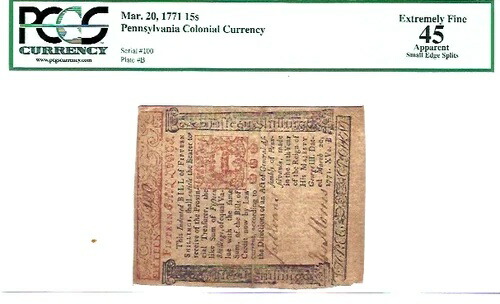 ペンシルベニア植民地通貨 1771年3月20日 15シリング PA-148 PCGS 45 EF-