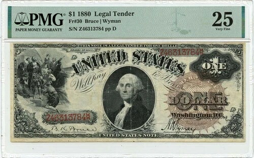 1880年 $1法定通貨 ラージブラウンスパイク付き Fr#30 PMG VF25-