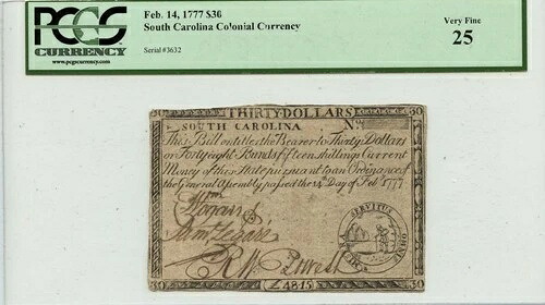 1777年2月14日、サウスカロライナ植民地紙幣30ドル、FR#SC-144、PCGS VF35