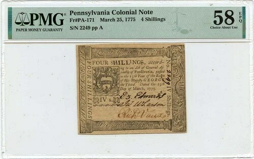 1775年3月25日、ペンシルベニア植民地紙幣FR#PA-171 PMG AU58 EPQ灯台 128,150円