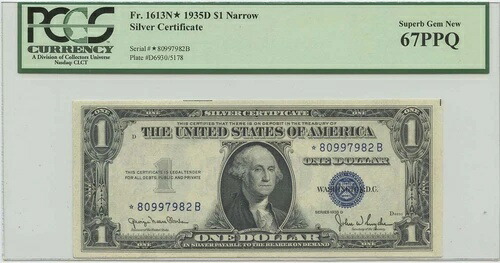 1935D $1 シルバー 認定 FR#1613N* PCGS 67 スーパーブ ジェム PPQ ナロー スター 256,300円