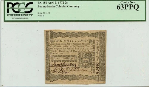 1772年4月3日、2シリングペンシルベニア植民地紙幣 FR#PA-156 PCGS CU63 PPQ 256,300円