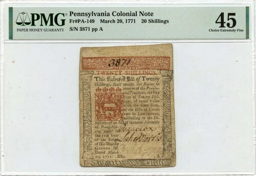 1771年3月20日、20年代ペンシルベニア植民地紙幣 FR#PA-149 PMG XF45 256,300円