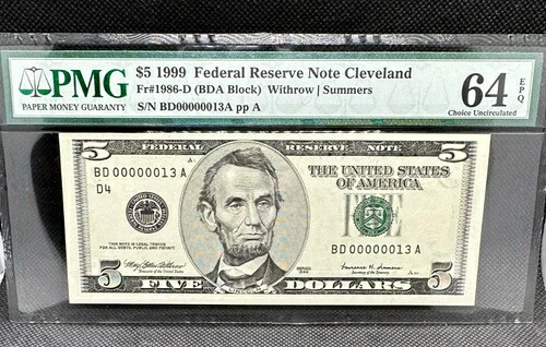1999年 $5 連邦準備銀行紙幣 PMG 64 EPQ ローシリアル番号 13-