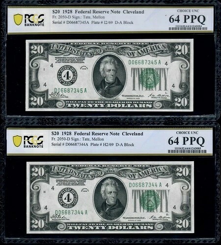 1928年発行20ドル連邦準備銀行券 クリーブランド Fr. 2050-D PCGS 64 PPQ 2枚連続