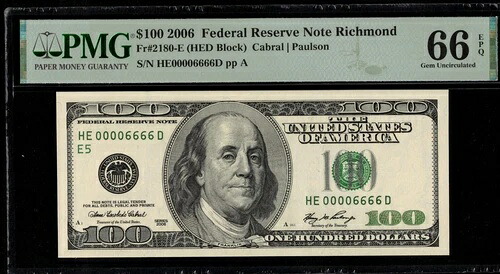 2006 $100 FRN HE00006666D P.M.G #66EPQ