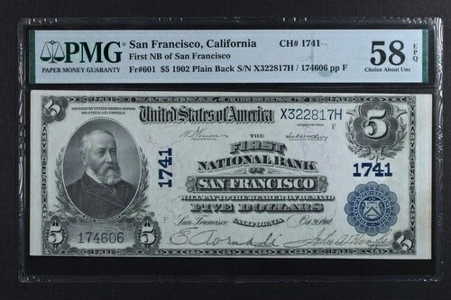 サンフランシスコ CA $5 1929 国定通貨紙幣 Ch.1741 PMG 58EPQ 選択 AU- 257,400円
