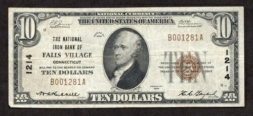 1929年 $10 タイプ1 コネチカット州 ナショナルアイアンバンクオブフォールズビレッジ-VF-