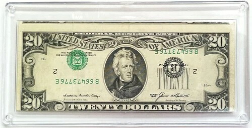1985年 反転オーバープリントエラーシールと数字の不均等カット連邦準備銀行20ドル紙幣