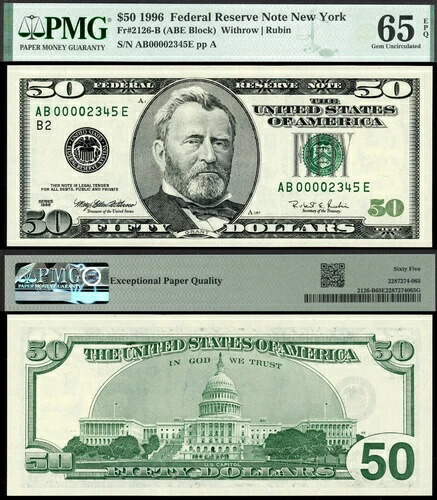 1996年 $50 FRN FR-2126B PMG Gem 65EPQ 昇降式ローファンシーラダー S/N AB00002345E 128,700円