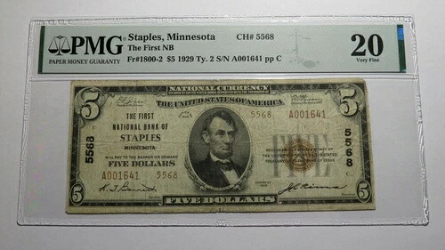 1929年 ステープルズ ミネソタ州 MN 国立通貨紙幣 5ドル 紙幣番号 5568 VF20 PMG