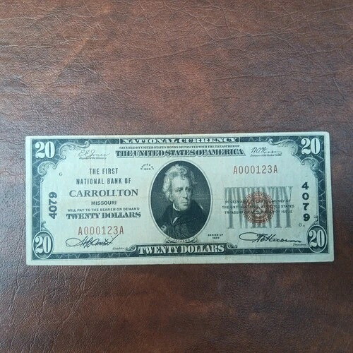 1929年 キャロルトン ミズーリ州 20ドル 国立通貨紙幣 紙幣番号 #4079 クールSN