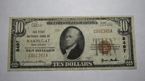 1929年 バーネガット ニュージャージー州 ニュージャージー州 国立通貨紙幣 10ドル 紙幣番号 8497 VF+