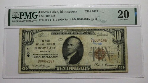 1929年 エルボーレイク ミネソタ州 MN 国立通貨紙幣 10ドル 紙幣番号 4617 VF20 PMG