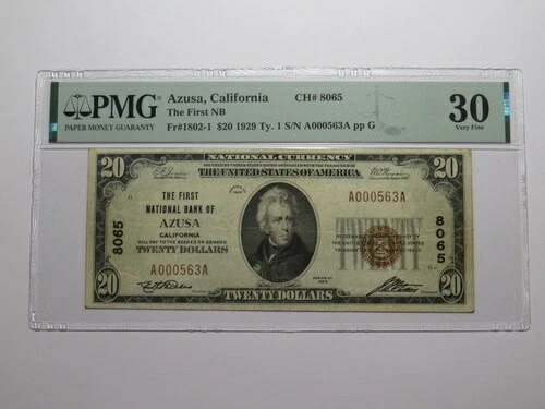 $20 1929 Azusa California 国立通貨銀行紙幣 Ch. #8065 VF30 PMG- 257,400円