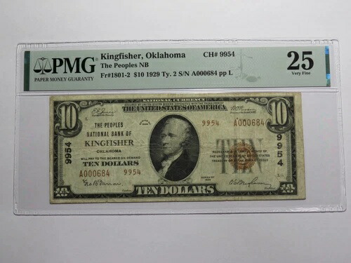 1929年 キングフィッシャー オクラホマ OK 国立通貨紙幣 10 ドル 紙幣番号 9954 VF25 PMG 257,400円