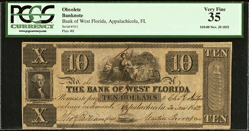 1832 - フロリダ州アパラチオラ - 西フロリダ銀行 10 ドル - PCGS 35 - 希少紙幣!