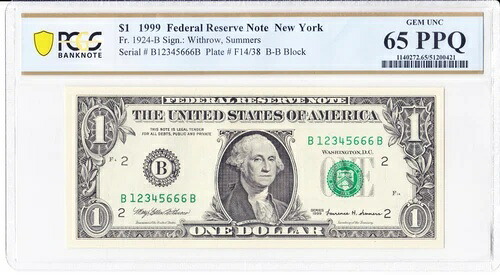 999 $1 FRN ニューヨーク Fr.1924-B PCGS 65 PPQ ファンシー シリアル B12345666B ラダー
