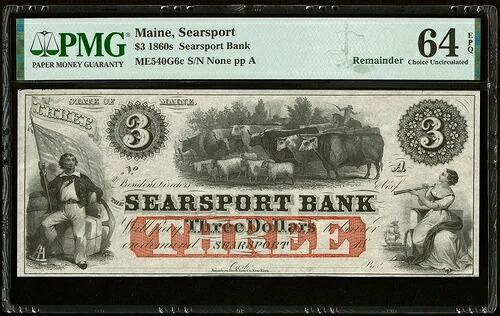 1860年代のシアーズポート（メイン州） - シアーズポート銀行 $3 - 残額 - PMG CH UNC 64 EPQ - 非常に良い