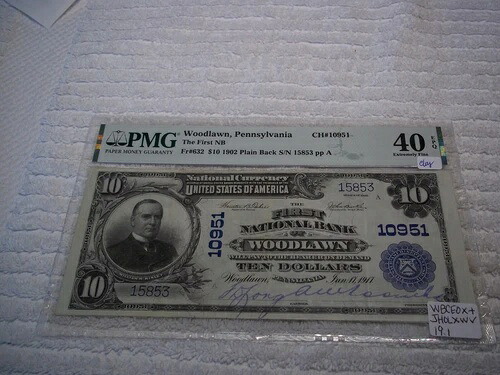 1902年 ウッドローン ペンシルバニア州 10ドル 国立通貨 裏面無地 #10951 PMG 40 #