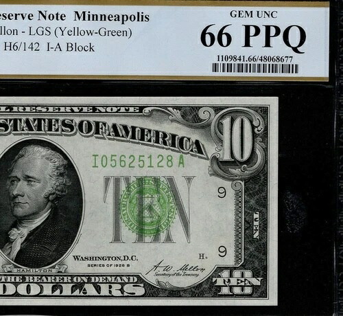 1928年B $10 連邦準備紙銀行幣 ミネアポリス PCGS 66 PPQ ライトグリーンシール (DAJ )-