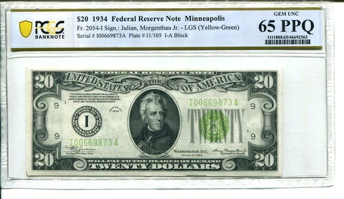 Fr 2054-I 1934 $20 連邦準備銀行 65 PPQ GEM UNC ライトグリーン ***最高品質***