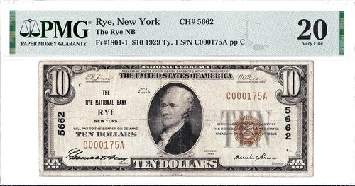 $10 1929 T1 National RYE New York NY「超レア」（（国勢調査では 4 枚のみ））最もよく知られています。