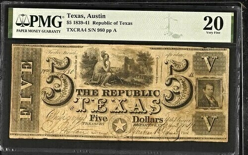 1839 $5 廃盤 - テキサス州オースティン - テキサス共和国 - グレード PMG 20