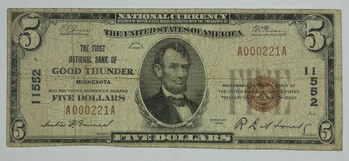 バーゲン #11552 シリーズ 1929 $5 ファーストナショナルバンク グッドサンダー MN 美品 Fr#1800-1
