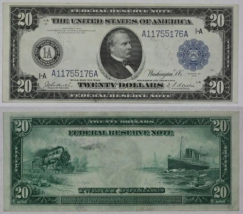 1914年シリーズ $20大型連邦準備銀行紙幣 Fr-966 AU+ 5123- 167,750円