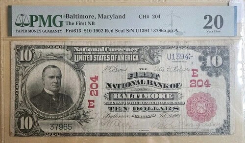 1902年 レッドシール $10 ナショナル券銀行 FNB ボルチモアメリーランド 204 Fr 613 PMG VF20-
