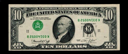反転オーバープリントエラー 1974 $10 XF/AU