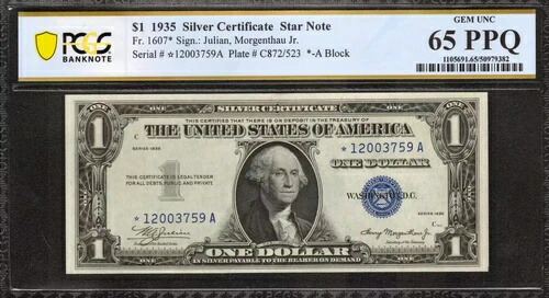 1935年 $1 シルバー証明書FR.1607 * スターノート * - ブロック PCGS UNC 65 PPQ (759A)-