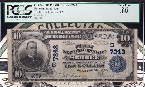 1902年 $10 ナショナル銀行券 * Sebree * Ky Fr #624 PCGS VF30 CH#7242 プレーンバック-