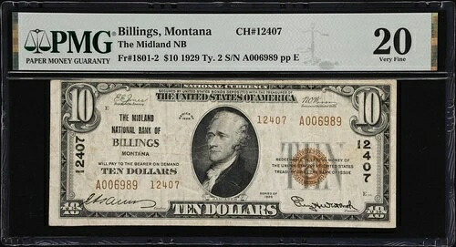 1929年 $10 モンタナ州ミッドランド国立ビリングス銀行 12407 PMG 20 VF-
