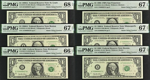 1988A $1 FRN PMG 68EPQ トップポップ - 6つのマッチングレーダーシリアル番号 72888827