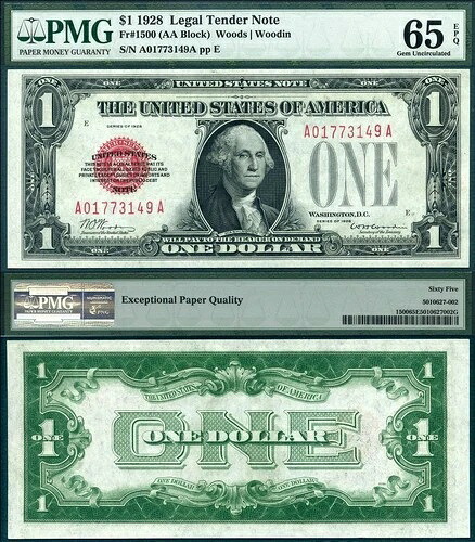 1928年 $1法定通貨紙幣 FR-1500 PMGグレード ジェム 65EPQ S/N A01773149A ファニーバック-
