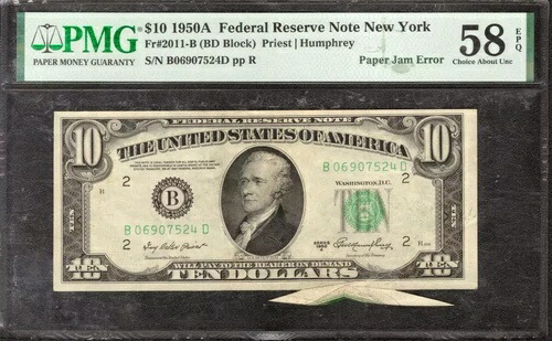 1950年 $10連邦準備紙銀行幣ニューヨーク紙ジャムエラーPMG Choice AU 58 EPQ-