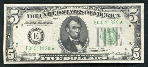 FR. 1956-Em* 1934 $5 *STAR* FRN 連邦準備銀行券 リッチモンド、バージニア州 GEM UNC
