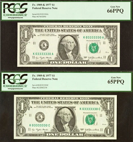 1977年 $1 FRN PCGS 66PPQ マッチングファンシーレーダー2個セット シリアル番号03333330