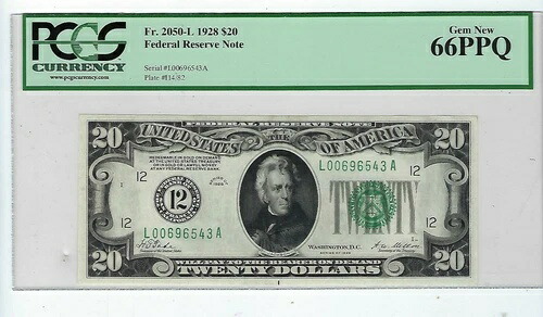 FR。 2050-L $20 1928 連邦準備銀行券 サンフランシスコ L-A ブロック ジェム PCGS 66 PPQ