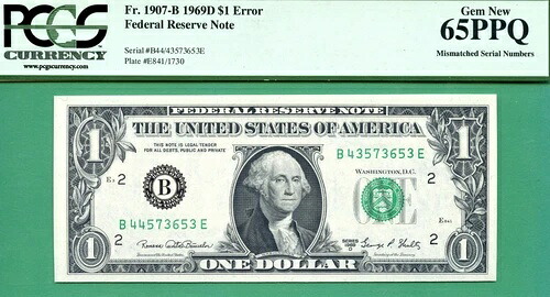 エラー シリアル不一致 - 1969D $1 FRN - PCGS GEM 65 PPQ - シリアル不一致エラー 168,300円