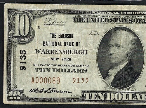 NY 1929 $10 TYPE-2 ?ウォーレンズバーグ、ニューヨーク? エマーソン NB PMG VF 20 非常に希少!!!