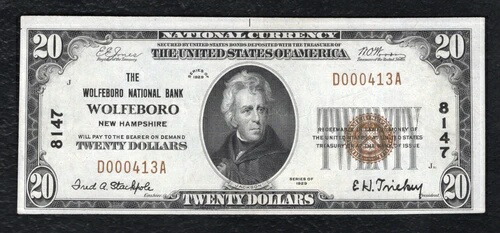 1929年 $20 ウルフボロ国立銀行ウルフボロ NH 国家通貨 CH #8147 AU-