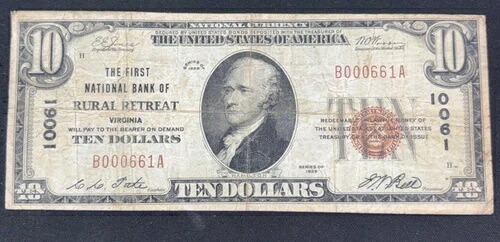 1929 $10 ファースト NB ルーラル リトリート バージニア CH#10061
