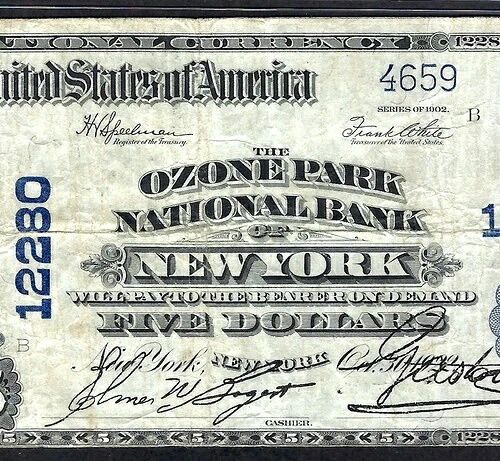 ????NY 1902 $5 ??ニューヨークのオゾンパークNB?? PMG 非常に良い 20 見つけるのが難しい!-