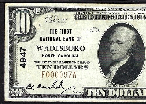 ????NC 1929 $10 ??ノースカロライナ州ウェイズボロ?? PMG ABOUT UNC 50 大胆な色!!!