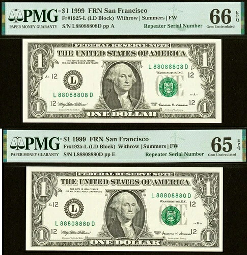 1999 $1 FRN PMG 66EPQ - セットリピーター シリアル番号 88808880 & 88088808